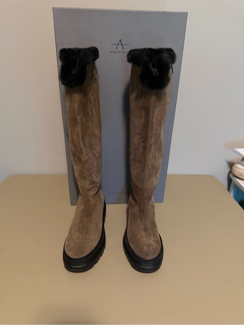 Aquatalia ShiloTaupe Suede Knee High Boots with Black Fur Cuff